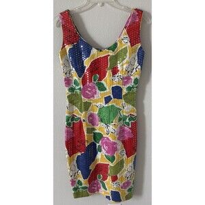Vtg Colorful Sequin Floral Butterfly Dress Sleeveless Fitted Artsy Retro 4